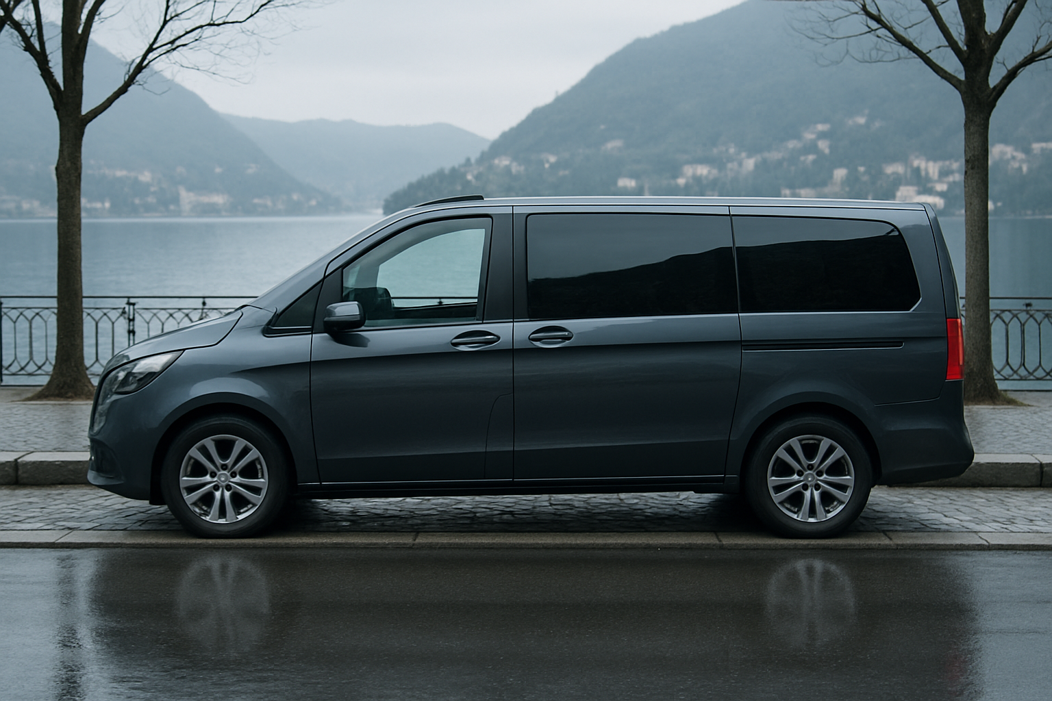 Minivan grigio scuro parcheggiato lungo il lungolago di Como in luce mattutina