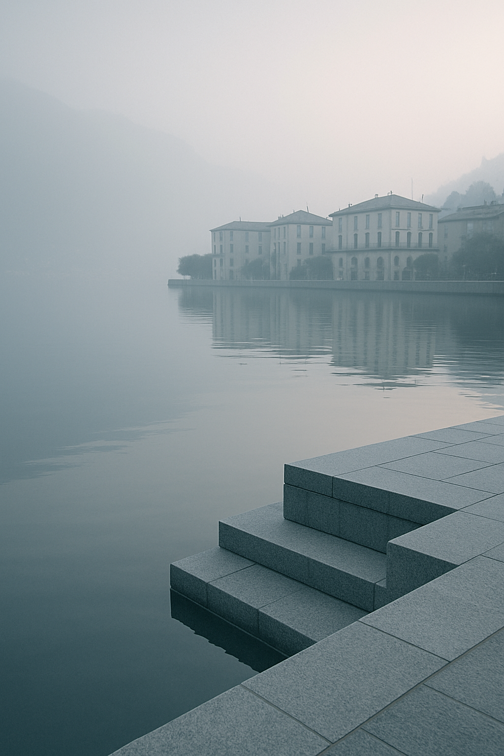 Molo in pietra sul Lago di Como all'alba, con luce soffusa e linee architettoniche nette